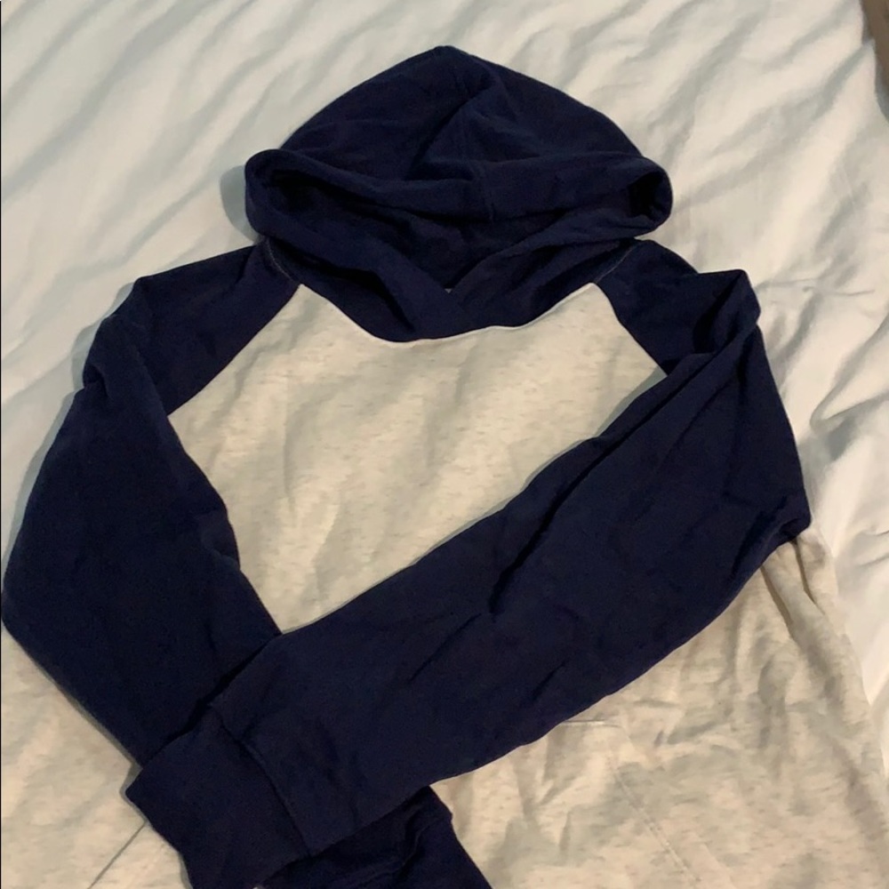Navy and heather tan hoodie